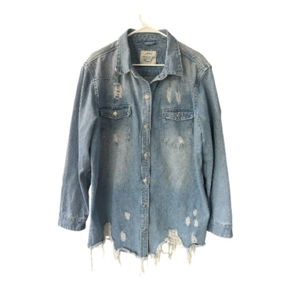 American Bazi Jackets & Blazers - American Bazi Light Blue Distressed Denim Jacket Size 2X